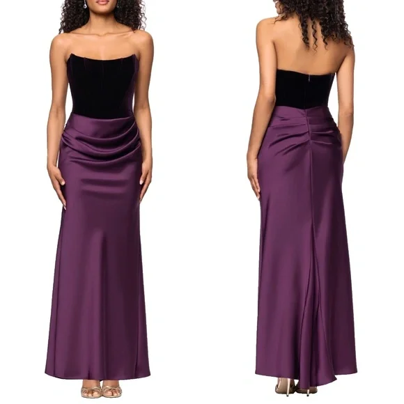 NEW Betsy & Adam PLUM Strapless CORSET Bustier VELVET & SATIN Draped GOWN 4 - Picture 1 of 13